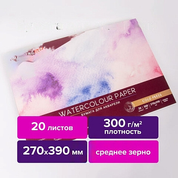 Альбом для акварели, бумага 300 г/м2, 270х390 мм, среднее зерно, 20 листов, склейка, BRAUBERG ART PREMIERE, 113223