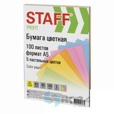 Бумага цветная STAFF "Profit" МАЛОГО ФОРМАТА (148х210 мм), А5, 80 г/м2, 100 л. (5цв. х 20 л.), цветная пастель, для офиса и дома, 110891