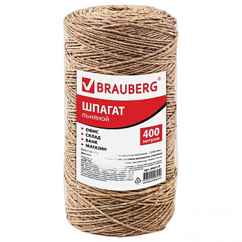 Шпагат льняной банковский, диаметр 1,5 мм, длина 400 м, линейная плотность 1250 текс, BRAUBERG, 600115
