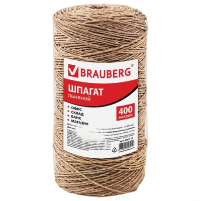 Шпагат льняной банковский, диаметр 1,5 мм, длина 400 м, линейная плотность 1250 текс, BRAUBERG, 600115