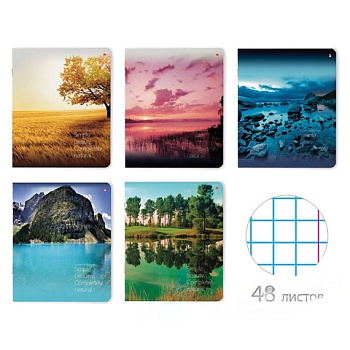 Тетрадь А5 48 л. АЛЬТ скоба, клетка, глянцевый лак, "Пейзажи" (5 видов), 7-48-637