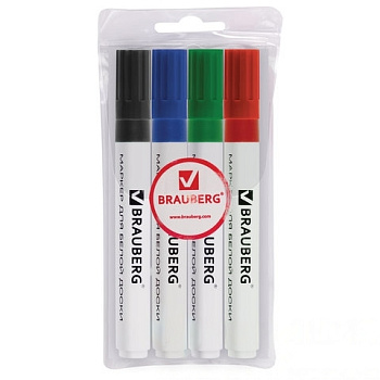 Маркеры стираемые для белой доски НАБОР 4 ЦВЕТА, BRAUBERG, 5 мм, 150417