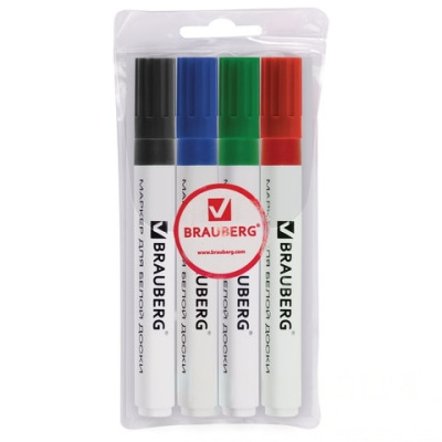 Маркеры стираемые для белой доски НАБОР 4 ЦВЕТА, BRAUBERG, 5 мм, 150417