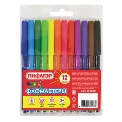 Фломастеры ПИФАГОР, 12 цветов, вентилируемый колпачок, 151090