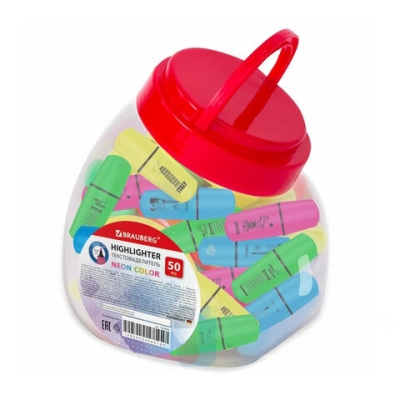 Текстовыделитель мини BRAUBERG "NEON Mini", АССОРТИ В ПЛАСТИКОВОЙ БАНКЕ, линия 1-5 мм, 152431