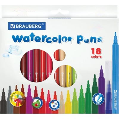 Фломастеры BRAUBERG "PREMIUM", 18 цветов, УЛЬТРАСМЫВАЕМЫЕ, классические, вентилируемый колпачок, картонная коробка с европодвесом, 151939