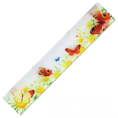 Линейка пластиковая 15 см, ПИФАГОР "Бабочки", цветная печать, с волнистым краем, европодвес, 210635