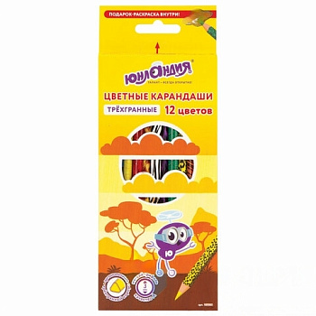 Карандаши цветные мягкие ЮНЛАНДИЯ "САФАРИ", 12 цветов, корпус с печатью, трехгранные, с раскраской, 181580