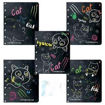 Тетрадь А5 48 л. АЛЬТ скоба, клетка, гибридный лак, "УЧЕНЫЙ КОТ", 7-48-746