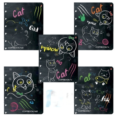 Тетрадь А5 48 л. АЛЬТ скоба, клетка, гибридный лак, "УЧЕНЫЙ КОТ", 7-48-746