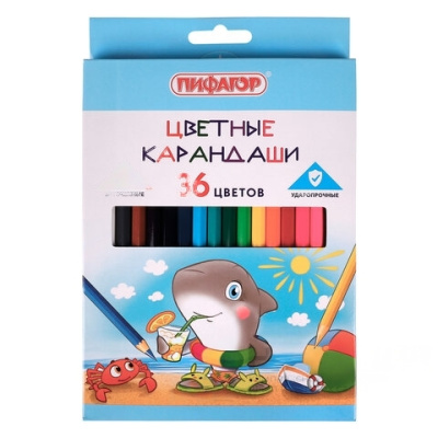 Карандаши цветные ПИФАГОР "Веселые акулята", 36 цветов, классические, заточенные, 181819