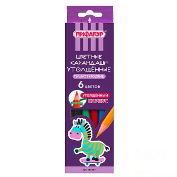 Карандаши цветные ПИФАГОР "ЗЕБРА", 6 цветов, утолщенные, пластиковые, 181697