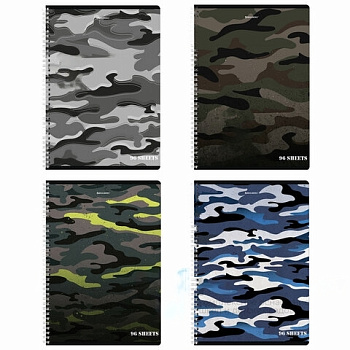 Тетрадь А4, 96 л., BRAUBERG, гребень, клетка, обложка картон, "Military", 404057