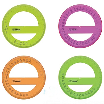 Транспортир 10 см, 360 градусов, пластиковый, СТАММ, тонированный, прозрачный, ассорти, ТР41