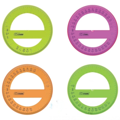 Транспортир 10 см, 360 градусов, пластиковый, СТАММ, тонированный, прозрачный, ассорти, ТР41