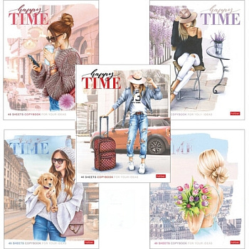 Тетрадь А5, 48 л., HATBER, скоба, клетка, матовая ламинация, "Happy time" (5 видов в спайке), 48Т5лВ1