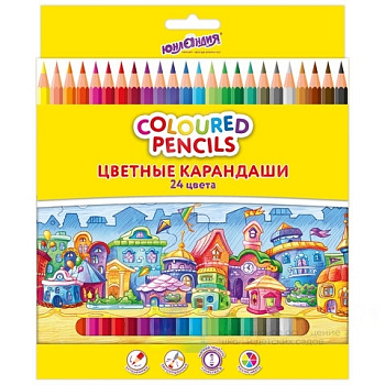 Карандаши цветные ЮНЛАНДИЯ "ДОМИКИ", 24 цвета, классические, пластиковые, грифель мягкий 3 мм, 181838