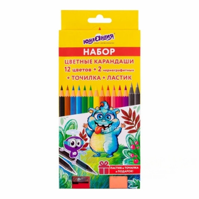 Карандаши цветные ЮНЛАНДИЯ "МОНСТРИК", НАБОР 12 цветов+2 чернографитных карандаша + ластик + точилка, заточенные, шестигранные, 181690
