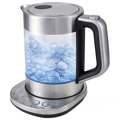 Чайник KITFORT КТ-616, 1,5 л, 2200 Вт, закрытый нагревательный элемент, ТЕРМОРЕГУЛЯТОР, стекло, серебристый, KT-616