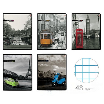 Тетрадь А5 48 л. АЛЬТ скоба, клетка, глянцевый лак, "Город и цвет" (5 видов), 7-48-1036