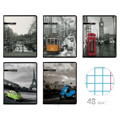 Тетрадь А5 48 л. АЛЬТ скоба, клетка, глянцевый лак, "Город и цвет" (5 видов), 7-48-1036
