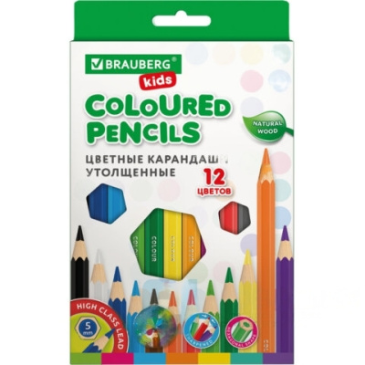Карандаши цветные утолщенные BRAUBERG KIDS 12 цветов, грифель 5 мм, 181878