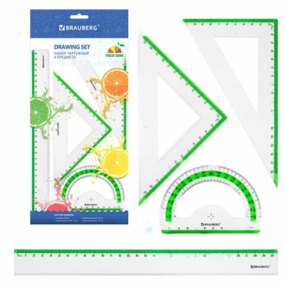 Набор чертежный большой BRAUBERG "FRESH ZONE" (линейка 30 см, 2 треугольника, транспортир) с салатовой шкалой, 210764