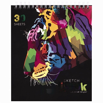 Скетчбук, черная бумага 120 г/м2, 170х195 мм, 30 л., гребень, цветная фольга, твин лак, "Тигр", 97699