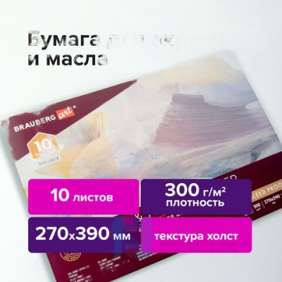 Альбом для акрила и масла, 300 г/м2, 270х390 мм, 10 листов, склейка, тиснение "холст", BRAUBERG ART PREMIERE, 113268