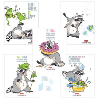 Тетрадь, А5, 48 л., HATBER, скоба, клетка, обложка картон, "Прикольный Енот" (5 видов в спайке), 48Т5В1