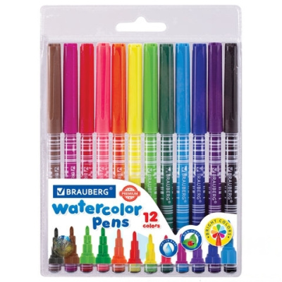 Фломастеры BRAUBERG "PREMIUM", 12 цветов, КОРПУС С ПЕЧАТЬЮ, вентилируемый колпачок, ПВХ-упаковка с европодвесом, 151942
