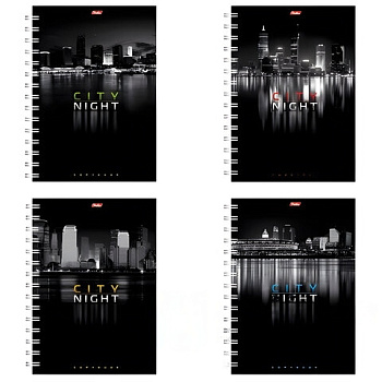 Тетрадь А4, 96 л., HATBER, гребень, клетка, выборочный лак, "НОЧНОЙ ГОРОД" (4 вида), 96Т4влВгр, T43837