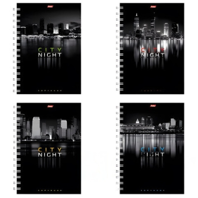 Тетрадь А4, 96 л., HATBER, гребень, клетка, выборочный лак, "НОЧНОЙ ГОРОД" (4 вида), 96Т4влВгр, T43837