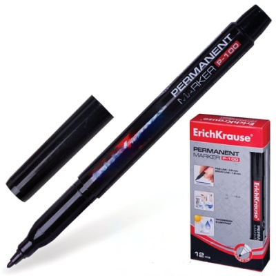 Маркер перманентный (нестираемый) ERICH KRAUSE "P-100", ЧЕРНЫЙ, круглый наконечник, 0,5-1,2 мм, 12841