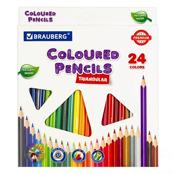 Карандаши цветные BRAUBERG PREMIUM, 24 цвета, трехгранные, грифель мягкий 3,3 мм, 181653