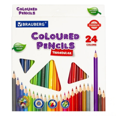 Карандаши цветные BRAUBERG PREMIUM, 24 цвета, трехгранные, грифель мягкий 3,3 мм, 181653