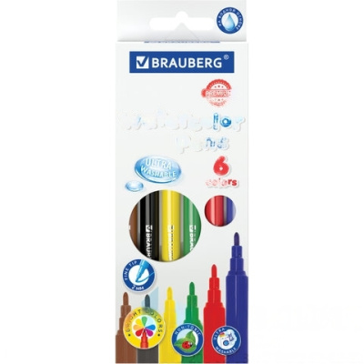 Фломастеры BRAUBERG "PREMIUM", 6 цветов, УЛЬТРАСМЫВАЕМЫЕ, классические, вентилируемый колпачок, картонная коробка с европодвесом, 151937