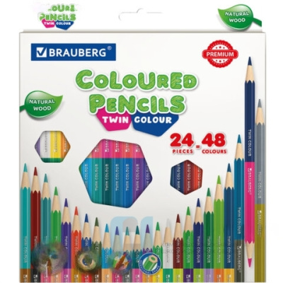 Карандаши цветные мягкие двусторонние BRAUBERG PREMIUM TWIN COLOUR, 24 штуки, 48 цветов, 181875