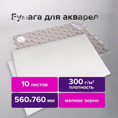 Бумага для акварели 300 г/м2 560x760 мм мелкое зерно, 10 листов, BRAUBERG ART PREMIERE, 113237