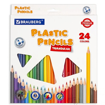 Карандаши цветные пластиковые BRAUBERG PREMIUM, 24 цвета, трехгранные, грифель мягкий 3 мм, 181663