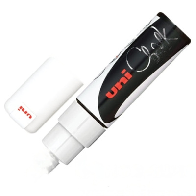 Маркер меловой UNI "Chalk", 8 мм, БЕЛЫЙ, влагостираемый, для гладких поверхностей, PWE-8K WHITE