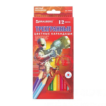 Карандаши цветные BRAUBERG "Star Patrol", 12 цв., трехгранные, заточенные, картонная упаковка, 180595