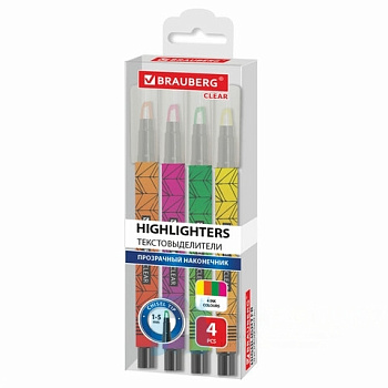 Набор текстовыделителей с прозрачным наконечником 4 ЦВЕТА BRAUBERG Clear, линия 1-5 мм, 152426