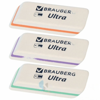Ластик BRAUBERG "Ultra", 50х14х8 мм, белый, детали ассорти, натуральный каучук, 228704
