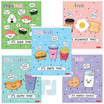 Тетрадь А5, 48 л., HATBER, скоба, клетка, обложка картон, "ПРИШЛА ЕДА" (5 видов в спайке), 48Т5лВ1