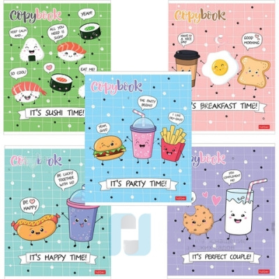 Тетрадь А5, 48 л., HATBER, скоба, клетка, обложка картон, "ПРИШЛА ЕДА" (5 видов в спайке), 48Т5лВ1