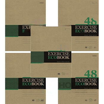 Тетрадь А5 48 л. HATBER скоба, клетка, обложка крафт, "Экобук" (5 видов в спайке), 48Т5В1