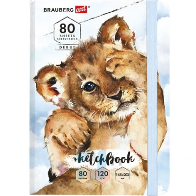 Скетчбук, белая бумага 120 г/м2, 145х203 мм, 80 л., резинка, твердый, BRAUBERG ART DEBUT "Львёнок", 114585