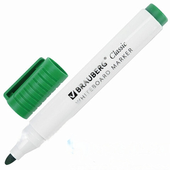 Маркер стираемый для белой доски ЗЕЛЕНЫЙ, BRAUBERG "CLASSIC", 3 мм, с клипом, 152116