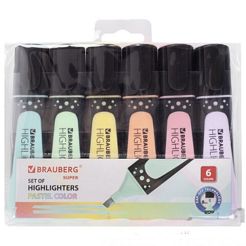 Набор текстовыделителей BRAUBERG 6 шт., АССОРТИ, "SUPER PASTEL", прорезиненный корпус, линия 1-5 мм, 151757